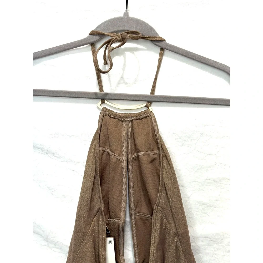 Kenneth Cole Medium Brown & Gold Shimmer Tummy Toner 1 Piece Halter Bathing Suit